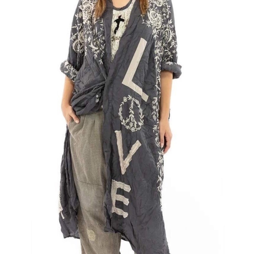Magnolia Pearl Embroidered LOVE Mother Mary Angels Kimono Charcoal Grey OS NWT